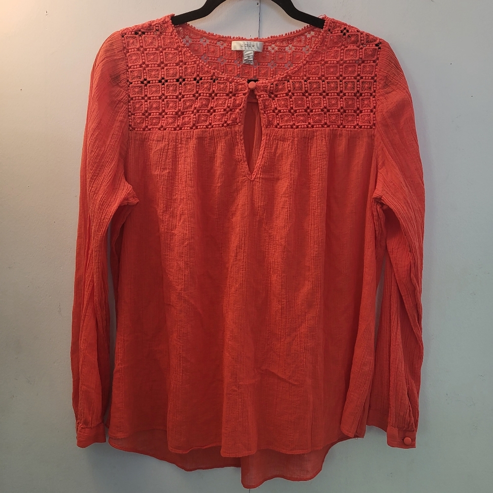 J. Crew Crochet Gauze Long Sleeve Coral Top